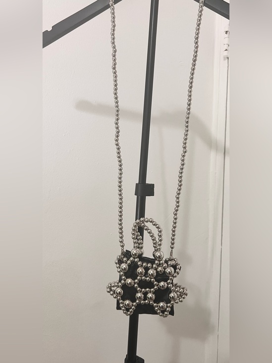 Handbags - Black Beaded Mini Crossbody Bag with Silver Accents